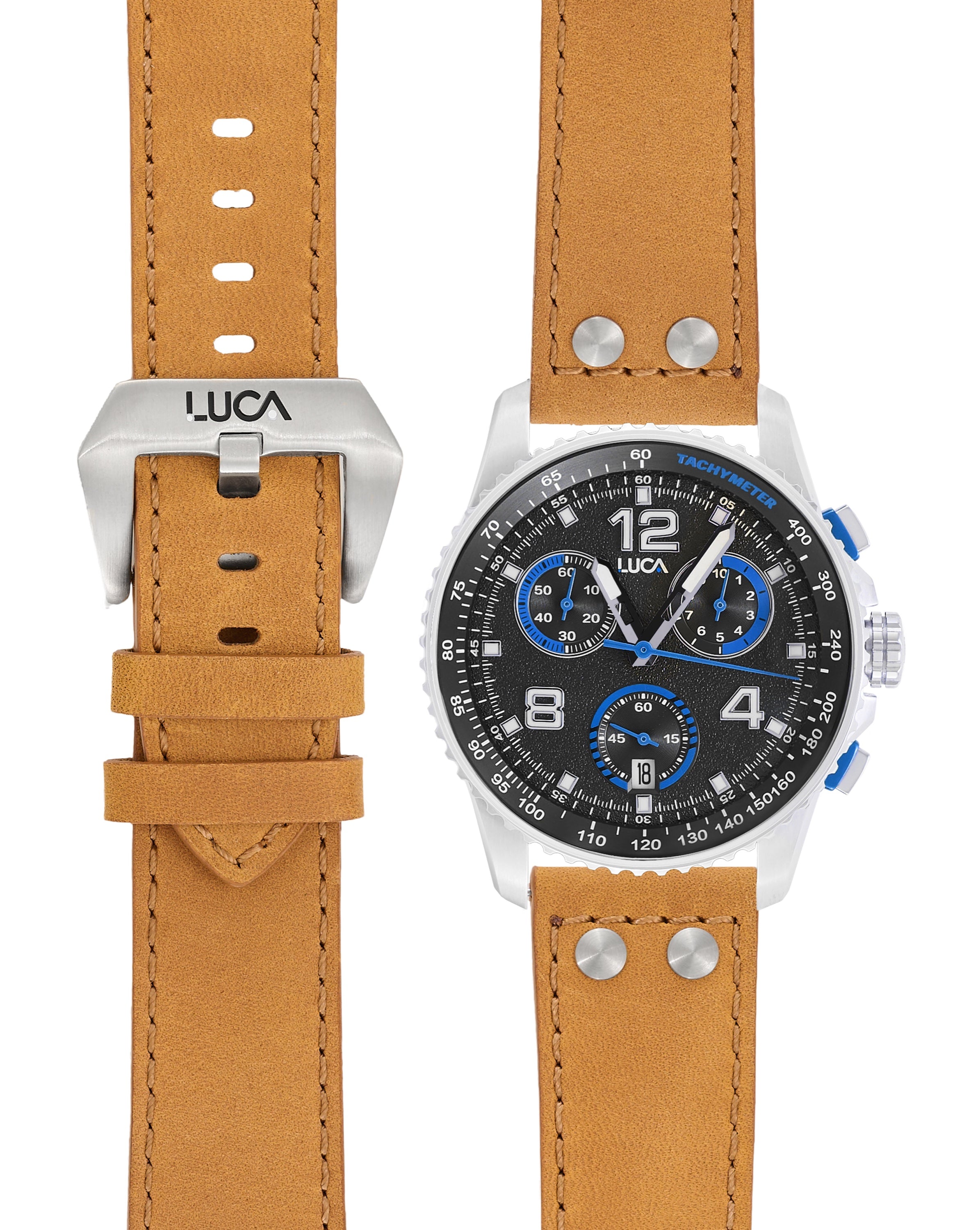 Luca Apex Azzurro blue chronograph watch with light leather band